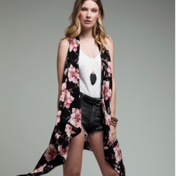 New! Clearance 🔥 Ruggine Boho Beautiful Black Floral Kimono Cover Up Vest - Picture 5 of 7